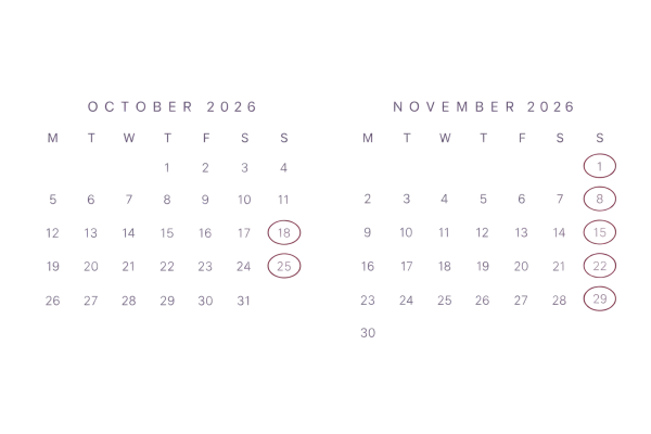 Monday-first October and November 2026 calendars with 18 and 25 October and every November Sunday circled; 18 October marks the completed opening Sunday
